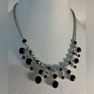 Drippy silvertone black and sparkly rhinestone necklace